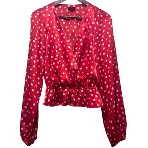 Show Me Your Mumu Red White Floral Satin Wrap Peplum Long Sleeve Blouse Medium